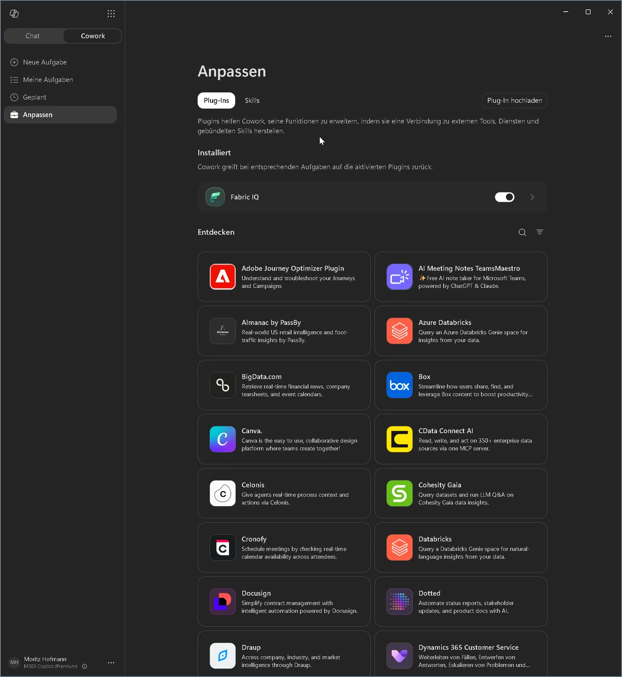 Anpassen-Ansicht mit Reiter Plug-Ins, installiertem Fabric IQ und einer Entdecken-Liste externer Plug-ins