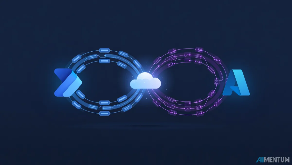 Header-Bild: Zwei ineinandergreifende Orbit-Schleifen in Blau (Microsoft Power Automate) und Violett (Azure Logic Apps) um eine zentrale Cloud-Ikone, symbolischer Vergleich der beiden Microsoft-Automatisierungsplattformen.